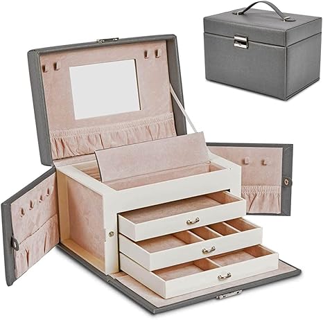 Amazon Meerveil ジュエリーボックス ジュエリーケース ジュエリー収納 鏡付き ジュエリーバッグ アクセサリー収納ボックス 大容量の高級 宝石箱 グレー ジュエリー収納 オンライン通販