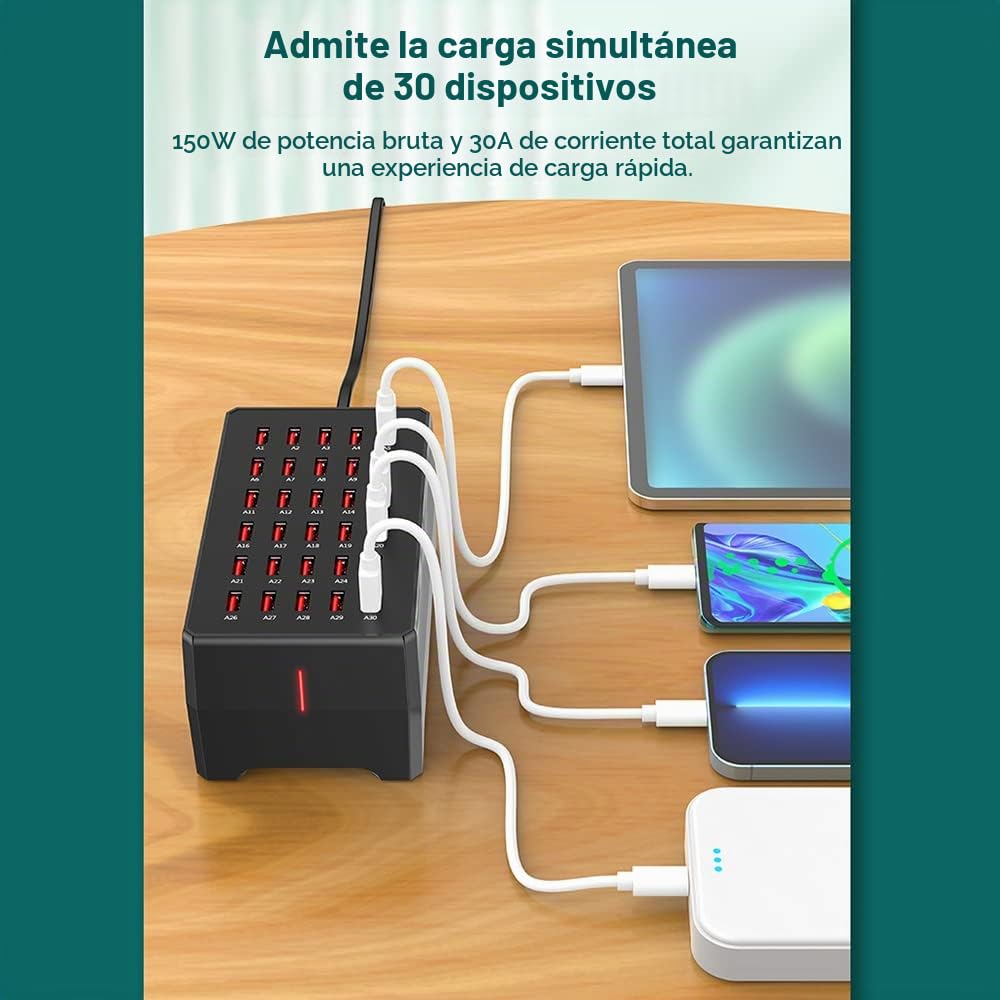 Estación de Carga USB de 150 W Cargador de Enchufe USB Cargador de Escritorio de 30 Puertos Compatible con Sistema iOS y Android para Múltiples Dispositivos