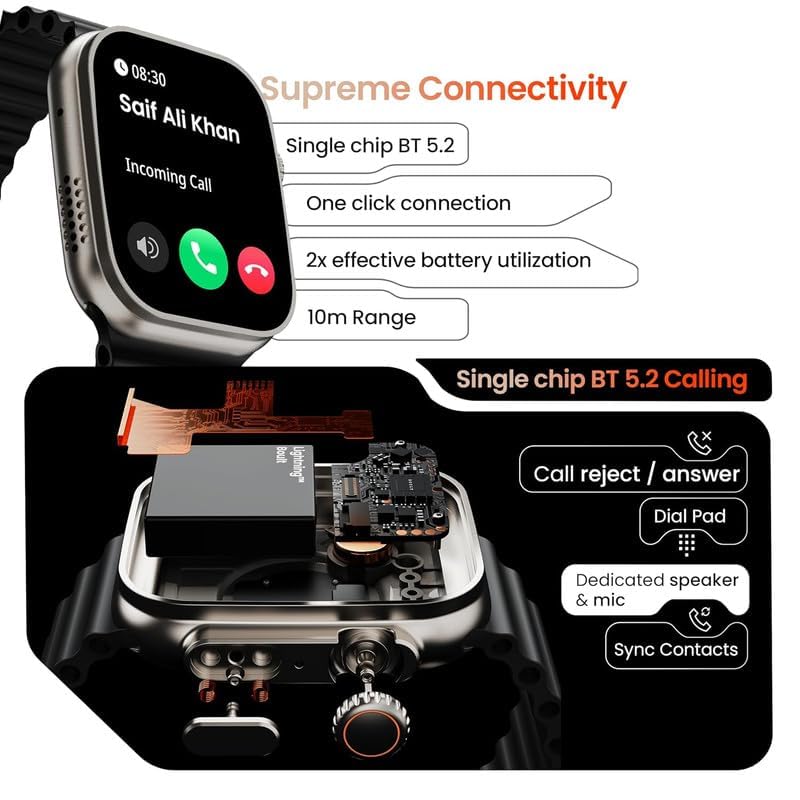 Smart watch showing incoming call and details of Bluetooth 5.2 calling