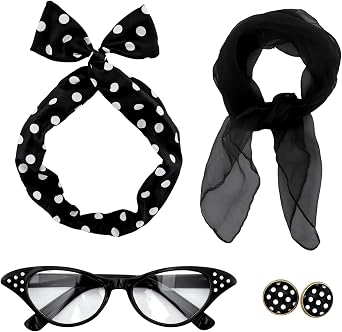 50s Set 50s Costume Accessories Chiffon Scarf Cat Eye Glasses Bandana Tie Headband Earrings for Cosplay Party