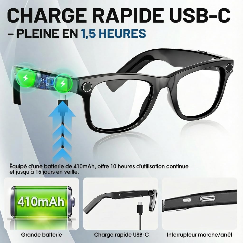 Lunettes Camera HD, 8MP 1080P Lunette Connectées IA, Processeur Double Cœur avec Assistant IA pour Traduction en Temps Réel, 410Mah Offrant 16 Heures d'Autonomie, Wi-FI Bluetooth Lunette Intelligente