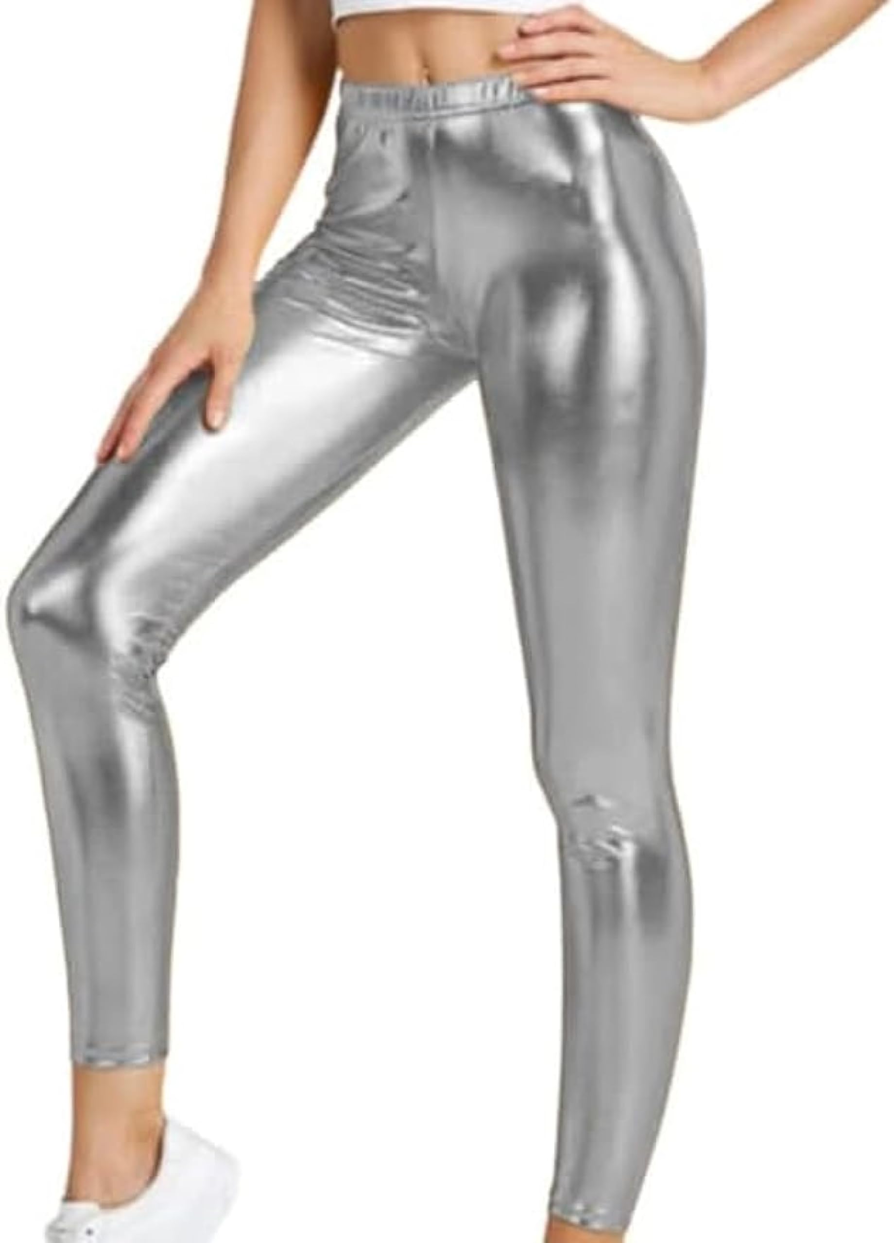 Kikfit Girls Silver Shiny Metallic Leggings – Stretchy Kids Dance & Gymnastics Tights For Disco, Parties & Fancy Dress – Full Length Leggings For Ages 3–14 (As8, Regular, Regular, 3-4 Years)