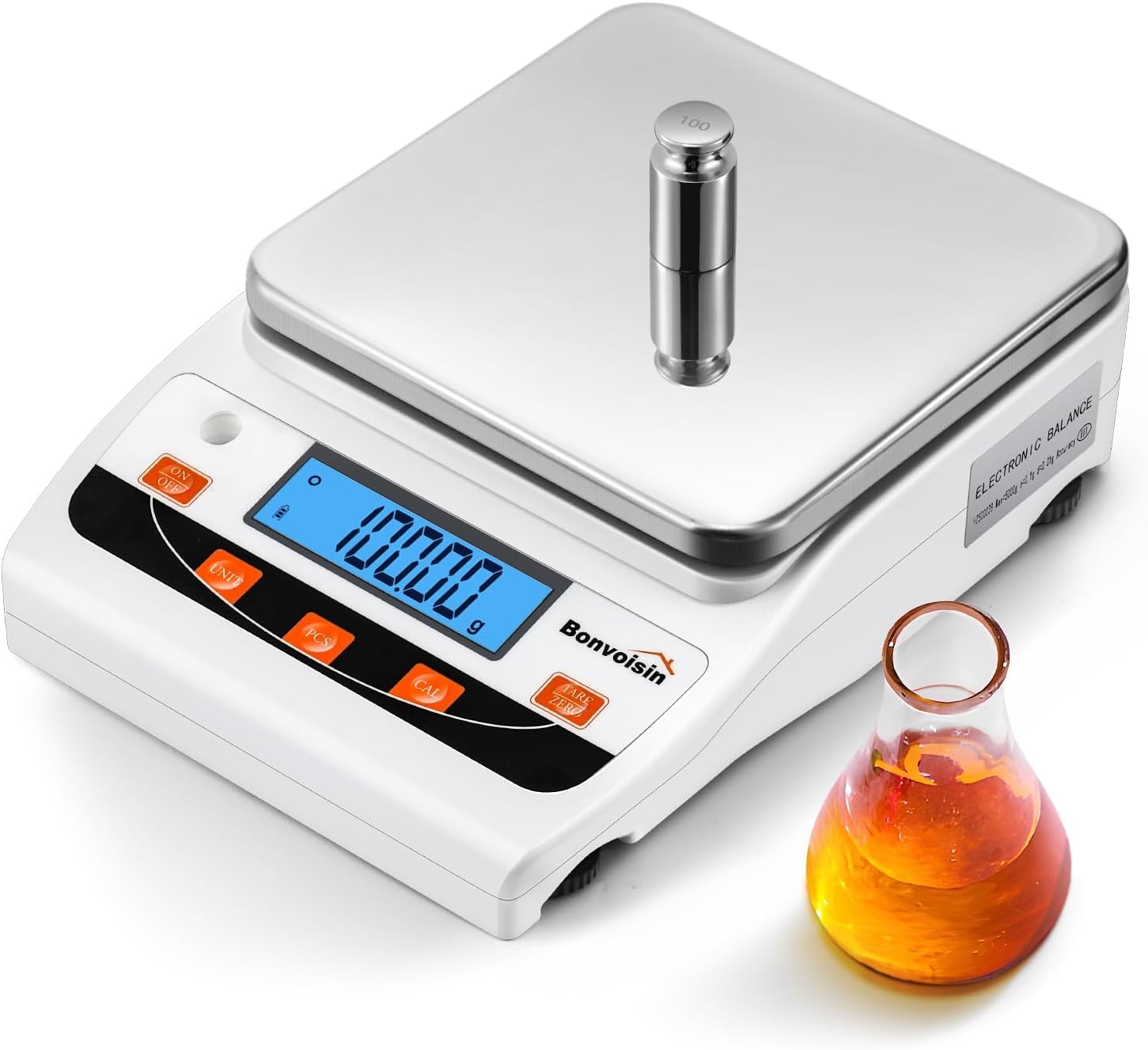 Bonvoisin Lab Digital Scale 5000g x 0.01g High Precision Laboratory Electronic Analytical Balance with 13 Units, USB Data Transfer, Counting & Calibration, Enlarged Stainless Steel Plate, Dual Power
