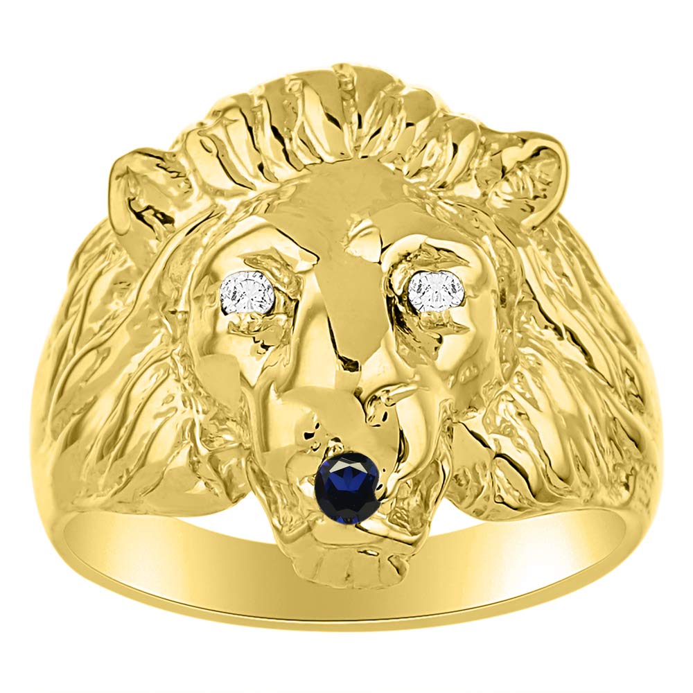 Rylos Lion Head Ring Color Stones Eyes &amp; Diamond Mouth – Fun Designer Rings in Sizes 8-13 in Yellow Gold Plated Silver