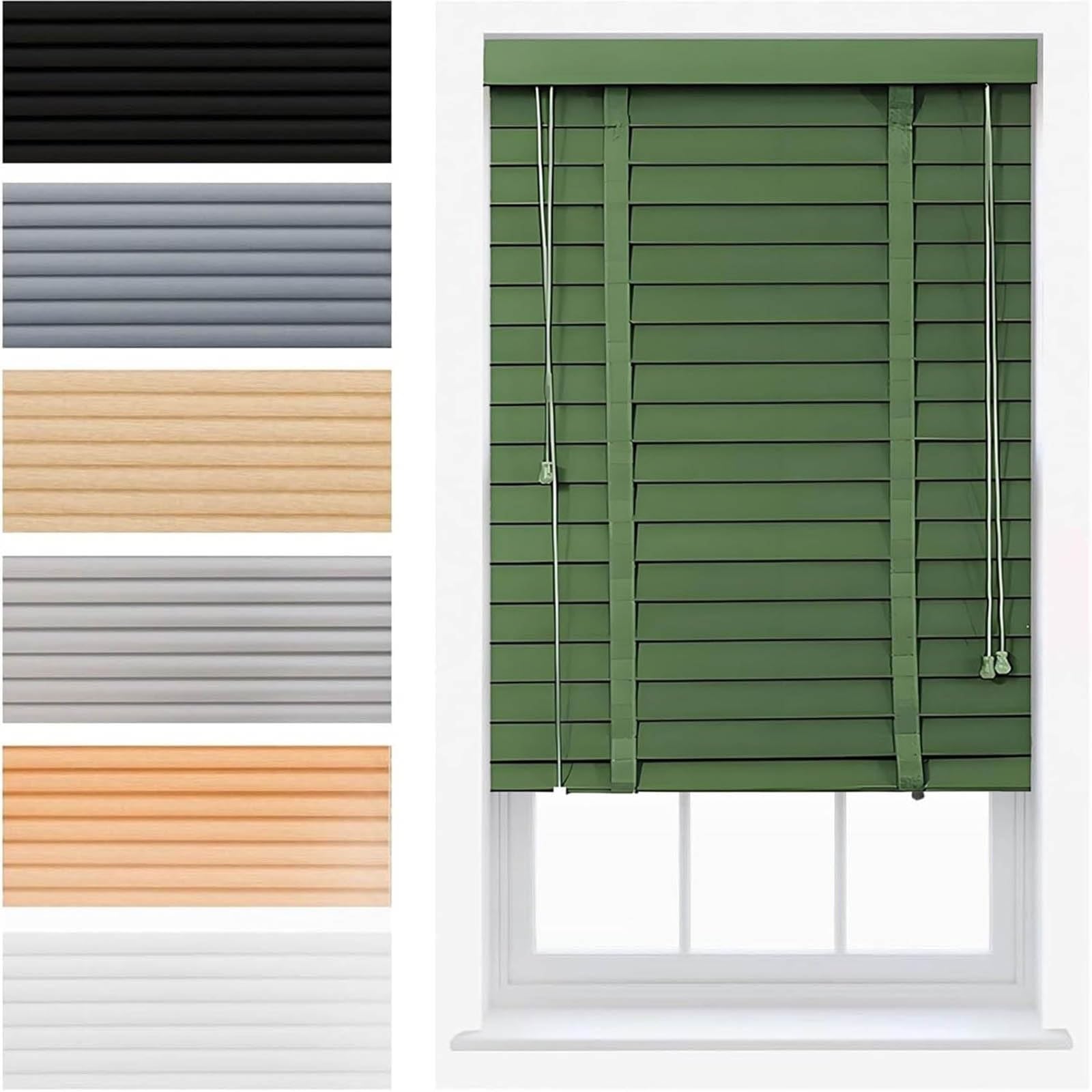2" Slats Light Filtering Blinds for Indoor Windows 40 65 100 125 140 155 cm Waterproof Wooden Horizontal Wood Venetian Blind & Cordless Faux Wood Window Shades for Home and Office(Green)