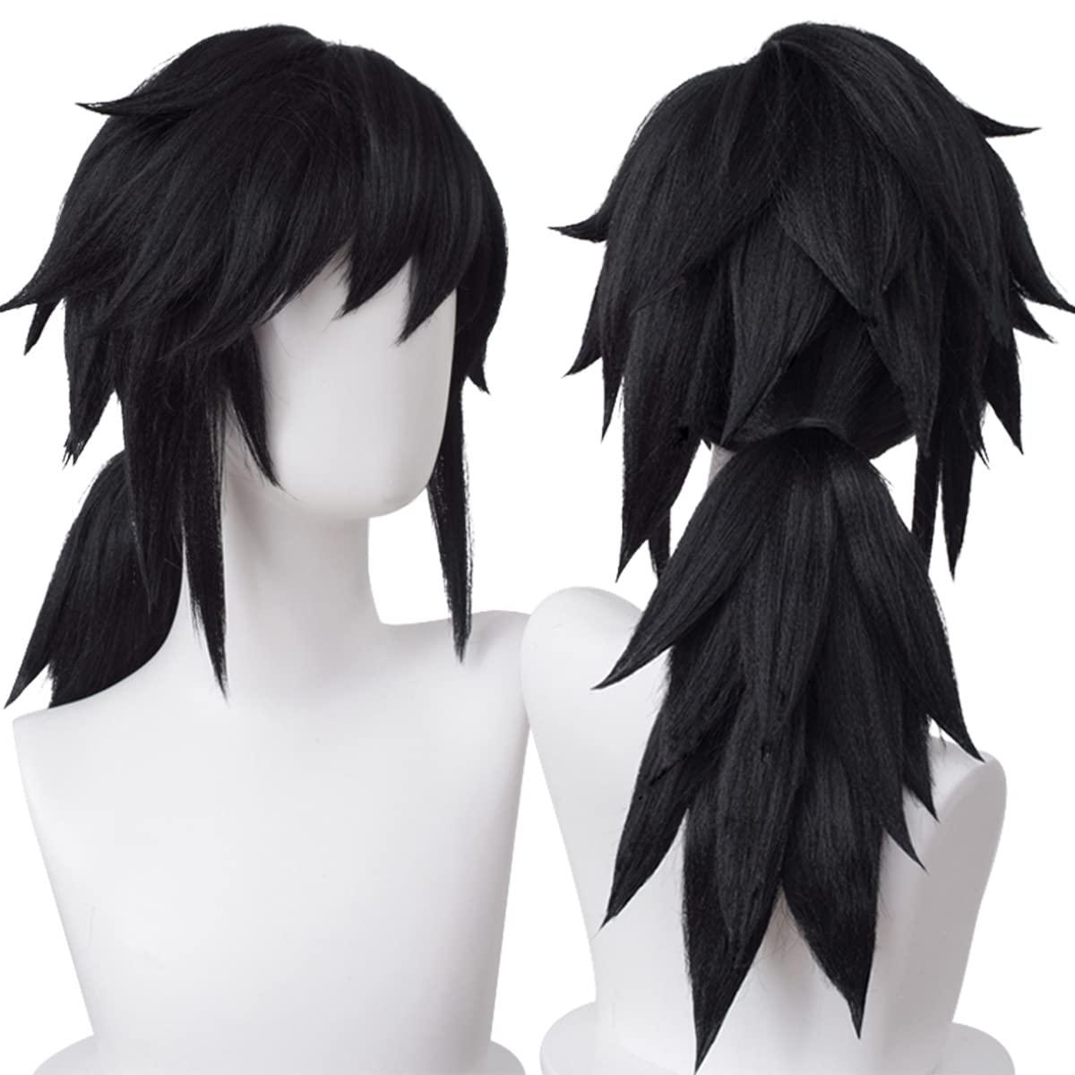SL Anime Black Cosplay Wigs with Pigtails for Giyuu DS Fluffy Characters Spiky Cosplay Costume Wigs with Cap