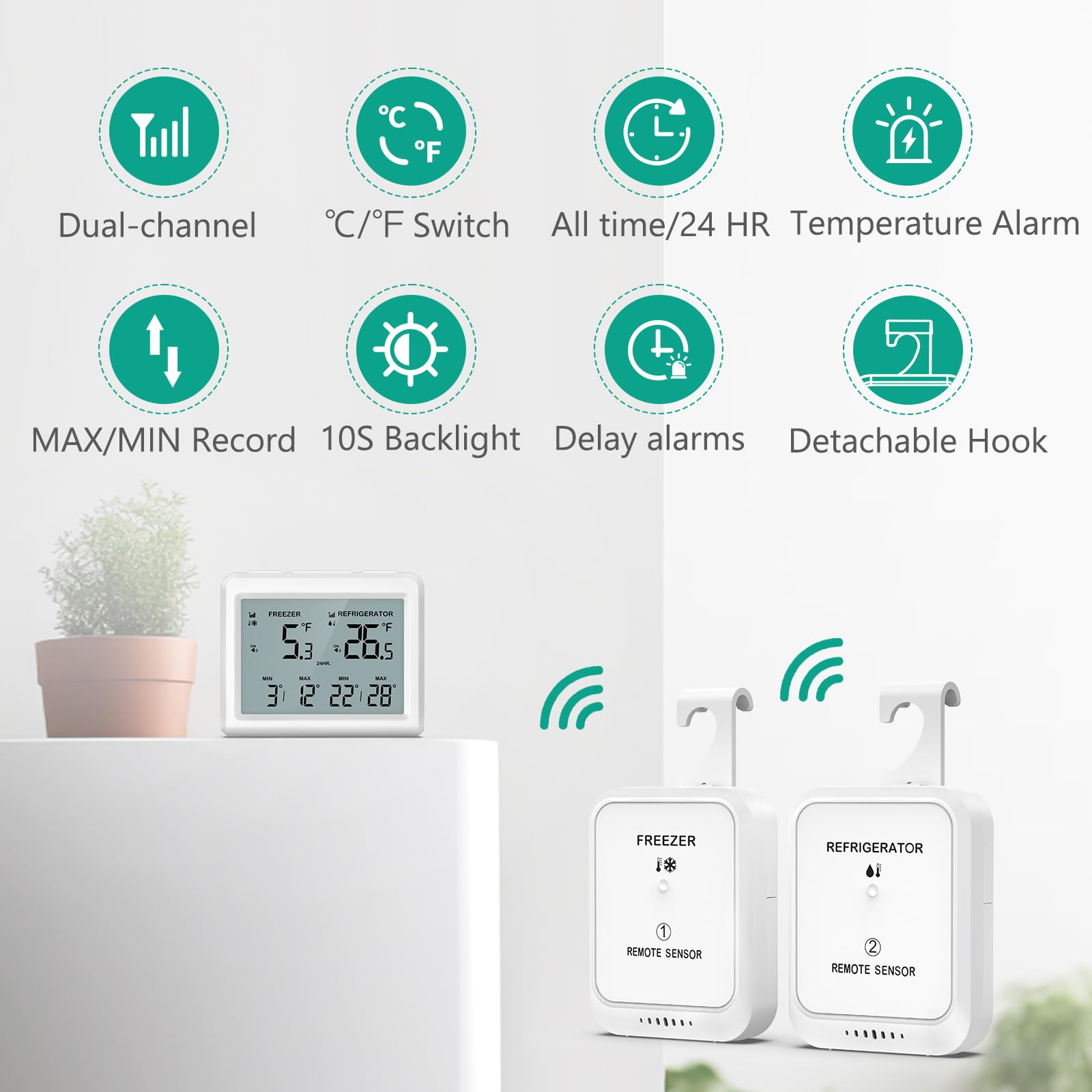 ORIA Thermomètre de Réfrigérateur et Congélateur Numérique - 2 Capteurs Sans Fil, Alarme, Écran LCD, ℃/℉, Min/Max, 2 Options de Montage pour Maison