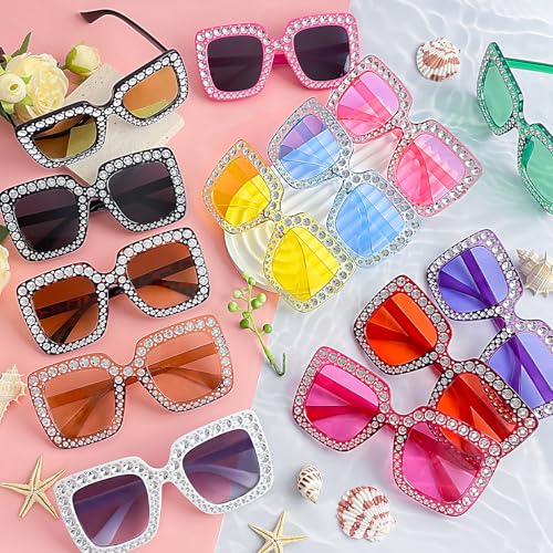 Pibupibu 4/8/16 Pack Colorful Bling Crystal Sunglasses Oversized Square Glitter Rhinestone Sunglasses for Women Party Favors3