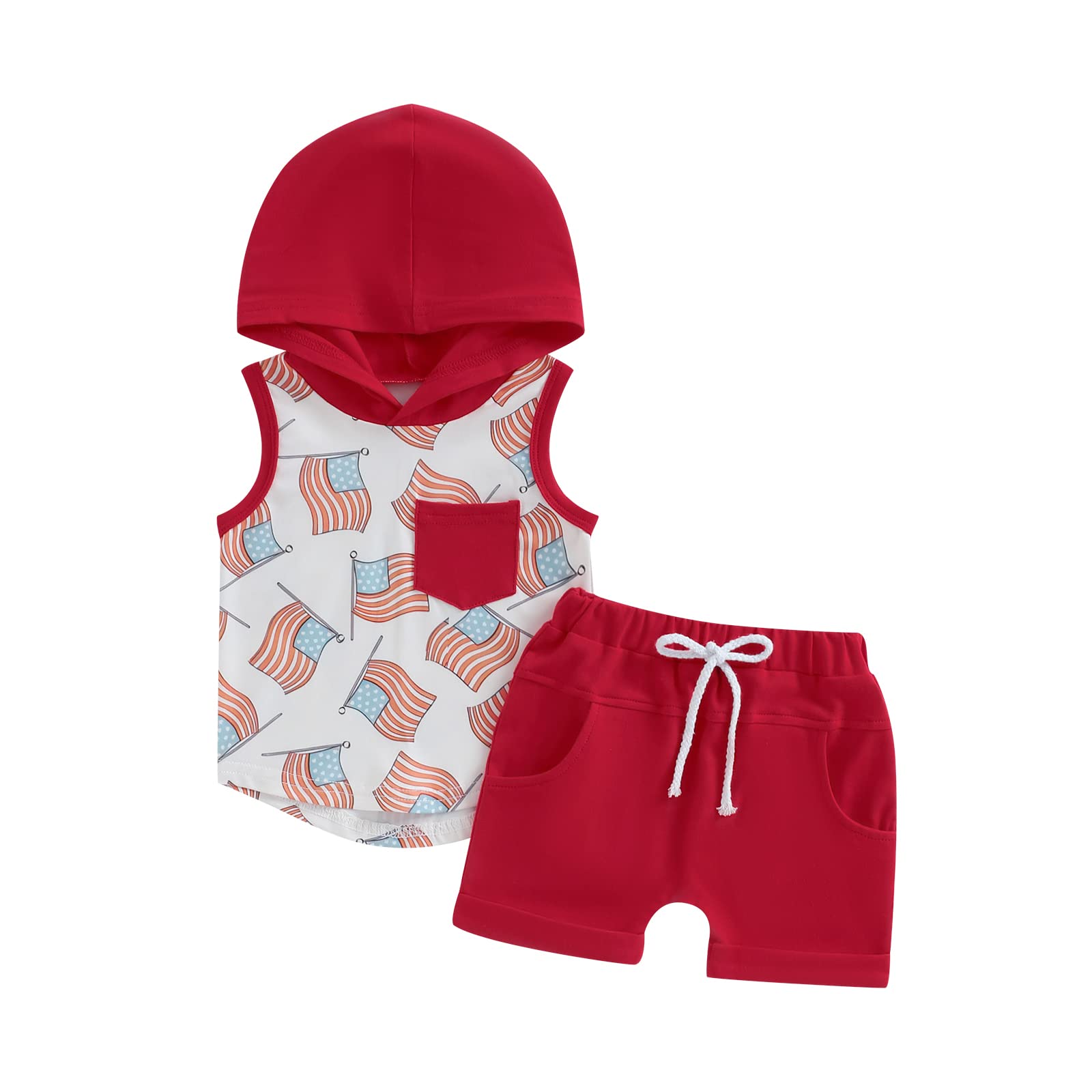LIOMENGZI 4th of July Baby Boy Outfit American Flag Print Summer Sleeveless Hoodie Top Shorts Summer Cute Clothes Set (Red, 18-24 Months)