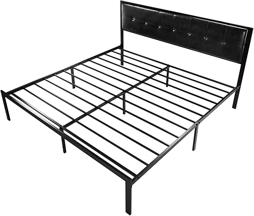 Miniatura 8 de SHA CERLIN Base de cama de piel sintética con listones de metal cabecera cuadrada cosida con botones no necesita somier fácil montaje tamaño King