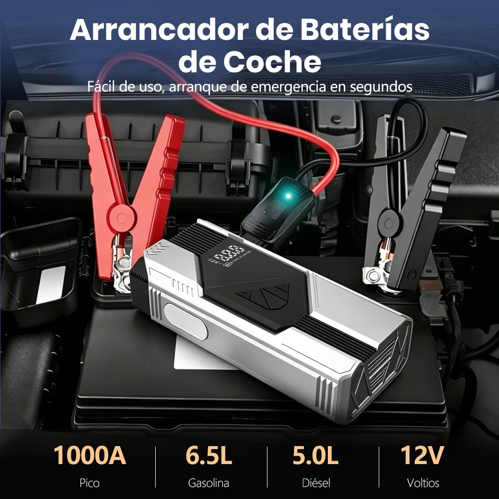 Junsun 10000mAh Compresor de Aire 150 PSI con Arrancador de Batería 12V y Power Bank 18W, Inflador Portátil para Coche Gasolina y Diésel, Arranque de Emergencia, Pantalla LCD, Carga Rápida y Luz LED