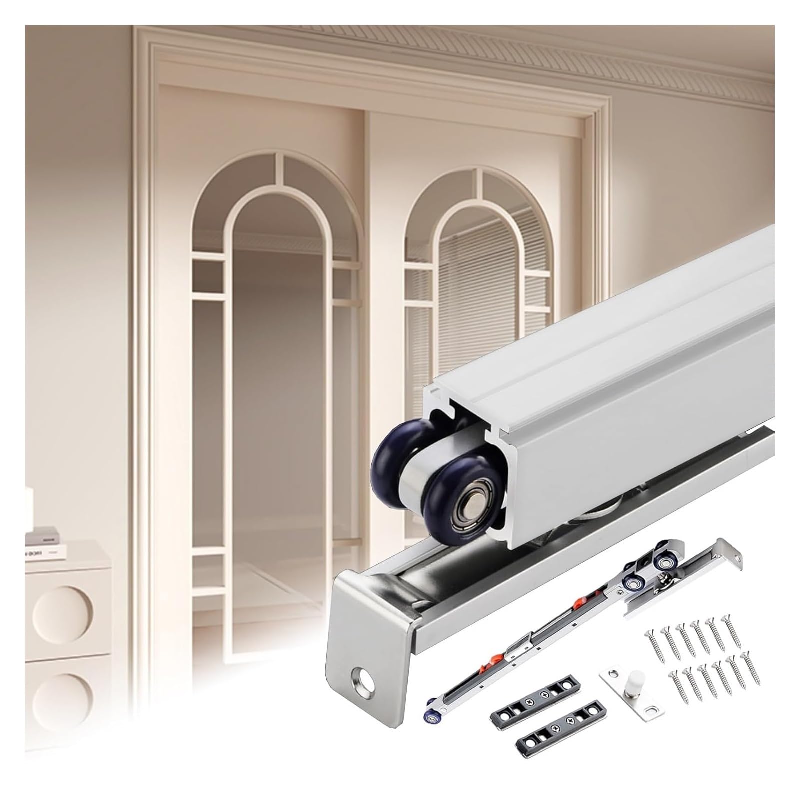 YDHSIKK Glass Sliding Door Track, Sliding Door Hardware Kit Top Mount Soft-Close Silver-White 1.0-6.0m(1.7m/5.6ft)
