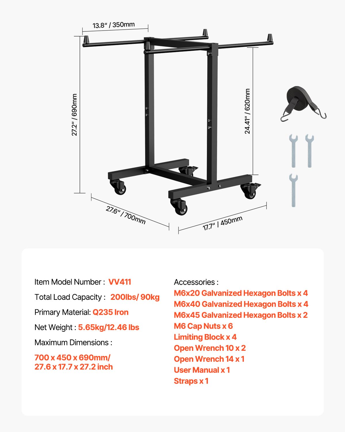 VEVOR Estante para Sillas Plegable, Capacidad de 90 kg, Carrito en Forma de T para 14 sillas, Carrito de Almacenamiento de Metal Resistente con Ruedas de Goma para Fiestas, Eventos, Negro Mate