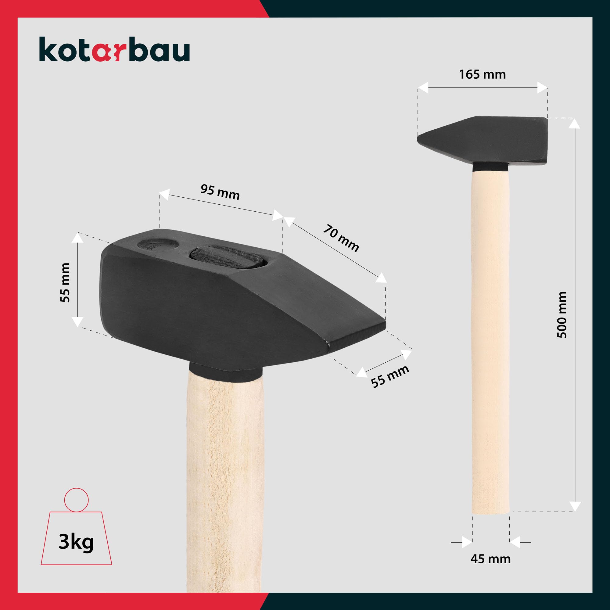 KOTARBAU® Martello - 3 kg - Acciaio - Mazzetta Muratore - Mazza Lavoro - con Manico in Legno - 50 cm - Ergonomico - Testa Robusta - Nero & Naturale