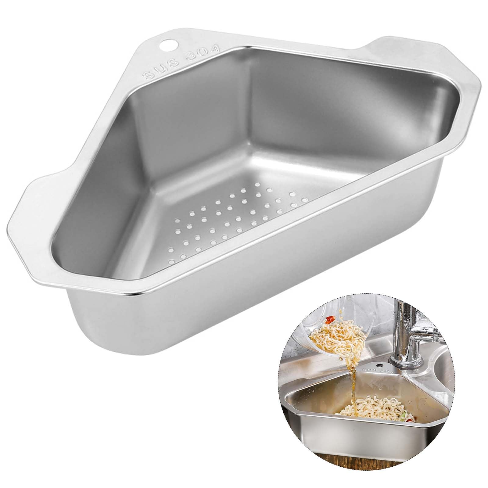 QIMMYGS Filtro triangolare per lavello da cucina, filtro per lavello angolare, cestello multifunzione per scarico del lavandino, in acciaio inox, per rifiuti di cucina, verdura, frutta (argento) (CF
