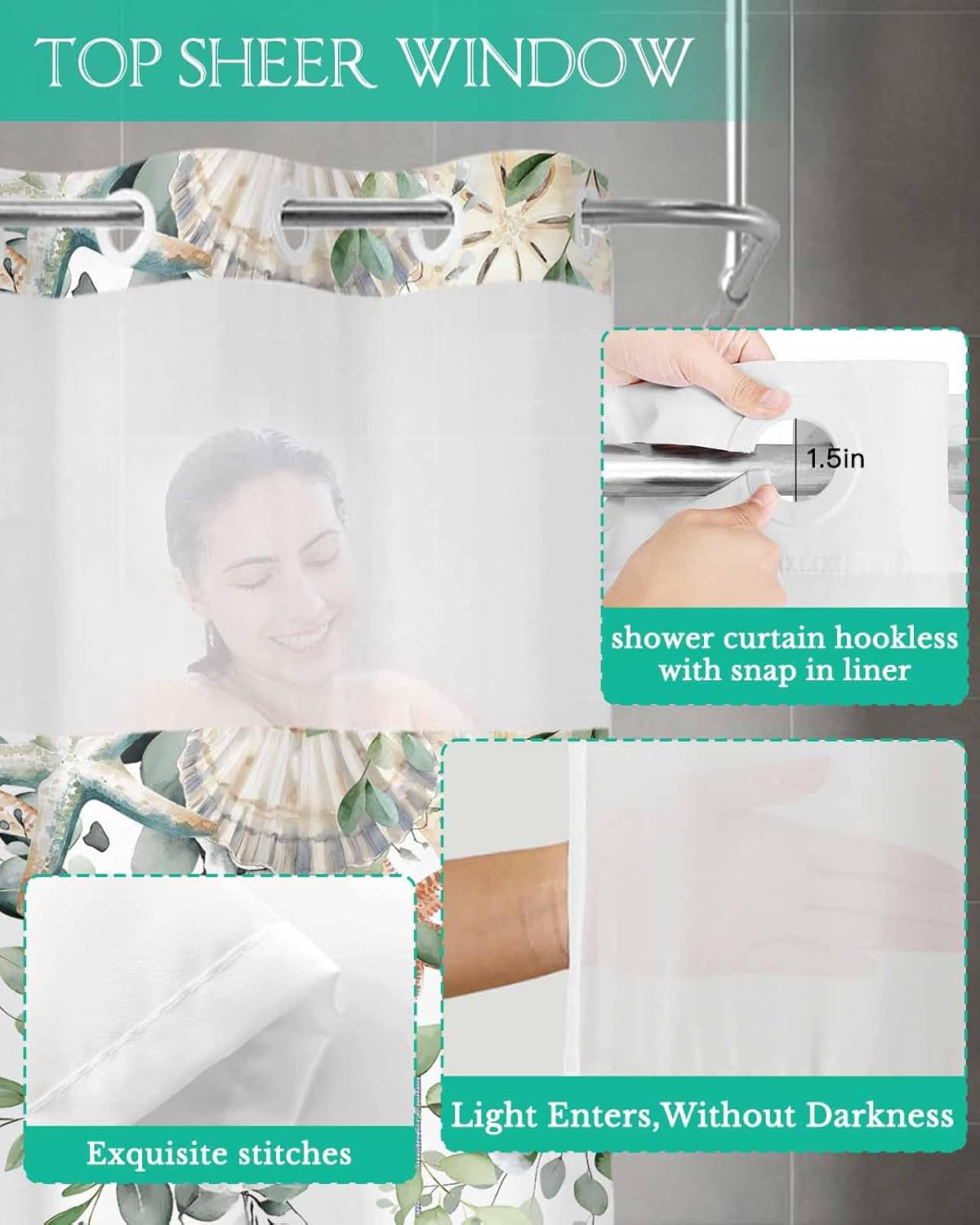 Double Fabric Shower Curtain with Liner Eucalyptus Leaf No Hook Shower Curtain and Liner Set for Bathroom,Snap-in Waterproof Inner Shower Curtain with See Through Window, 72x78, Summer Plant Green