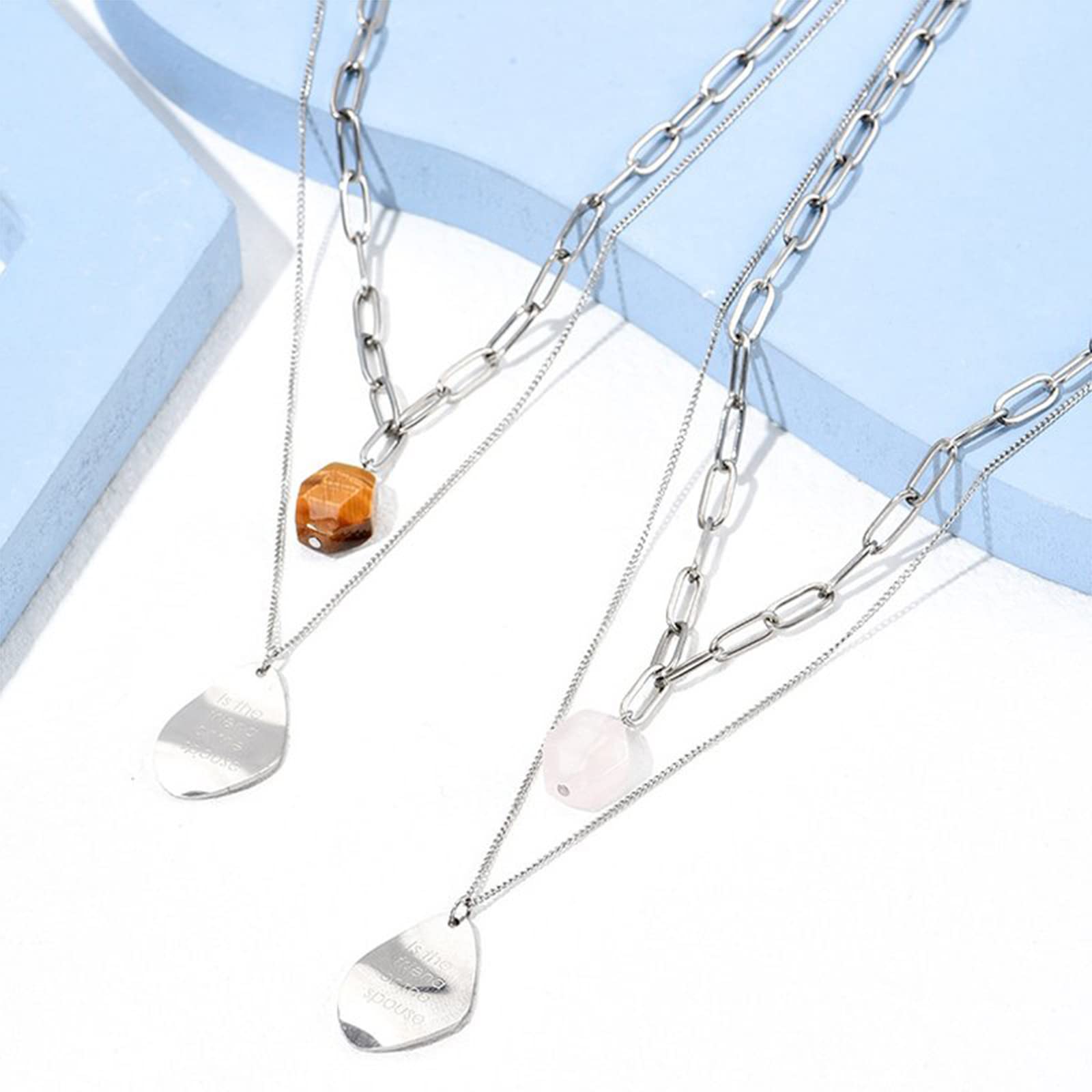 Jeulia Natürlichen Quartz Doppel Layer Halskette:Kette Design Energie Heilung Rosenquarz Anhänger Stapelbarer Damen Herren Titan Stahl Reiki Kristall Halsketten Weihnachten Geschenk