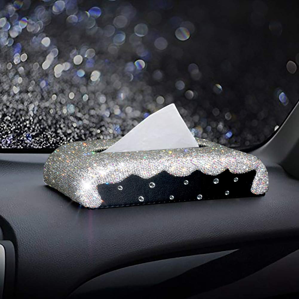 eing Luxury Tissue Box Cover with Bling Crystal Diamonds,Leather Paper Napkin Holder for Car,Home and Office - White