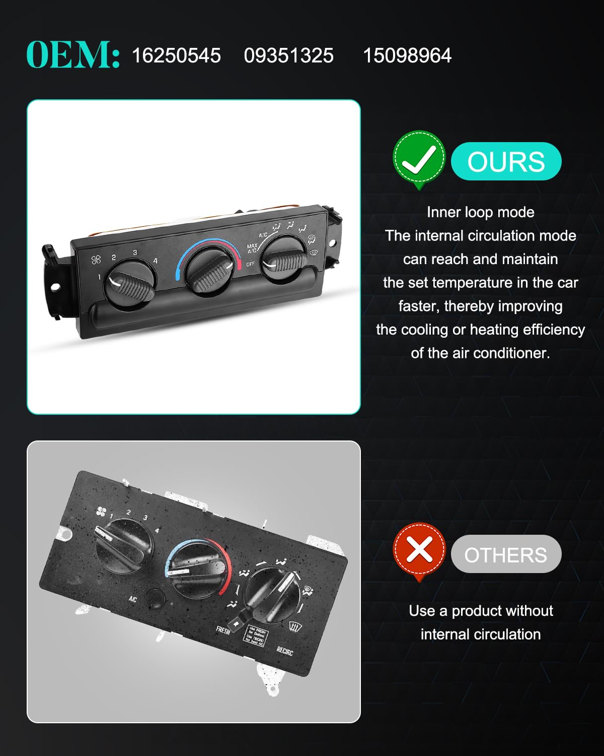 16250545 Heater A/C Control Switch Fit for 1999-2004 S10 & 1999-2002 Sonoma, 2.2L 4.3L Heat A/C Temperature Climate Control Panel Replace OE 09351325 15098964