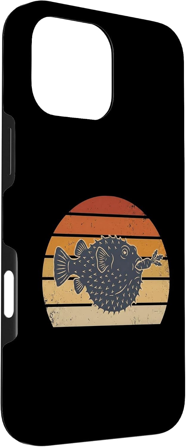 Funny Pufferfish Eating Carrot Meme Retro Sunset Design Case for iPhone 16 Pro Max image 3