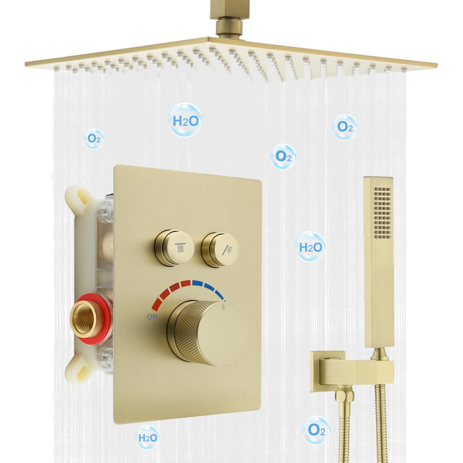 Mitigeur de douche or brossé avec pommeau effet pluie haute pression 25,4 cm