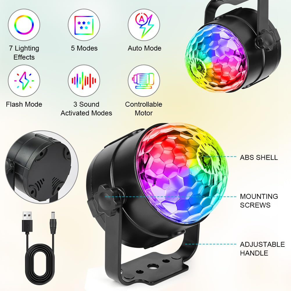 Luces Discoteca LED Con Control Por Sonido Y Mando A Distancia – Bola De Fiesta RGB 7 Colores + Rotación 360° (Pack 2 Unidades)