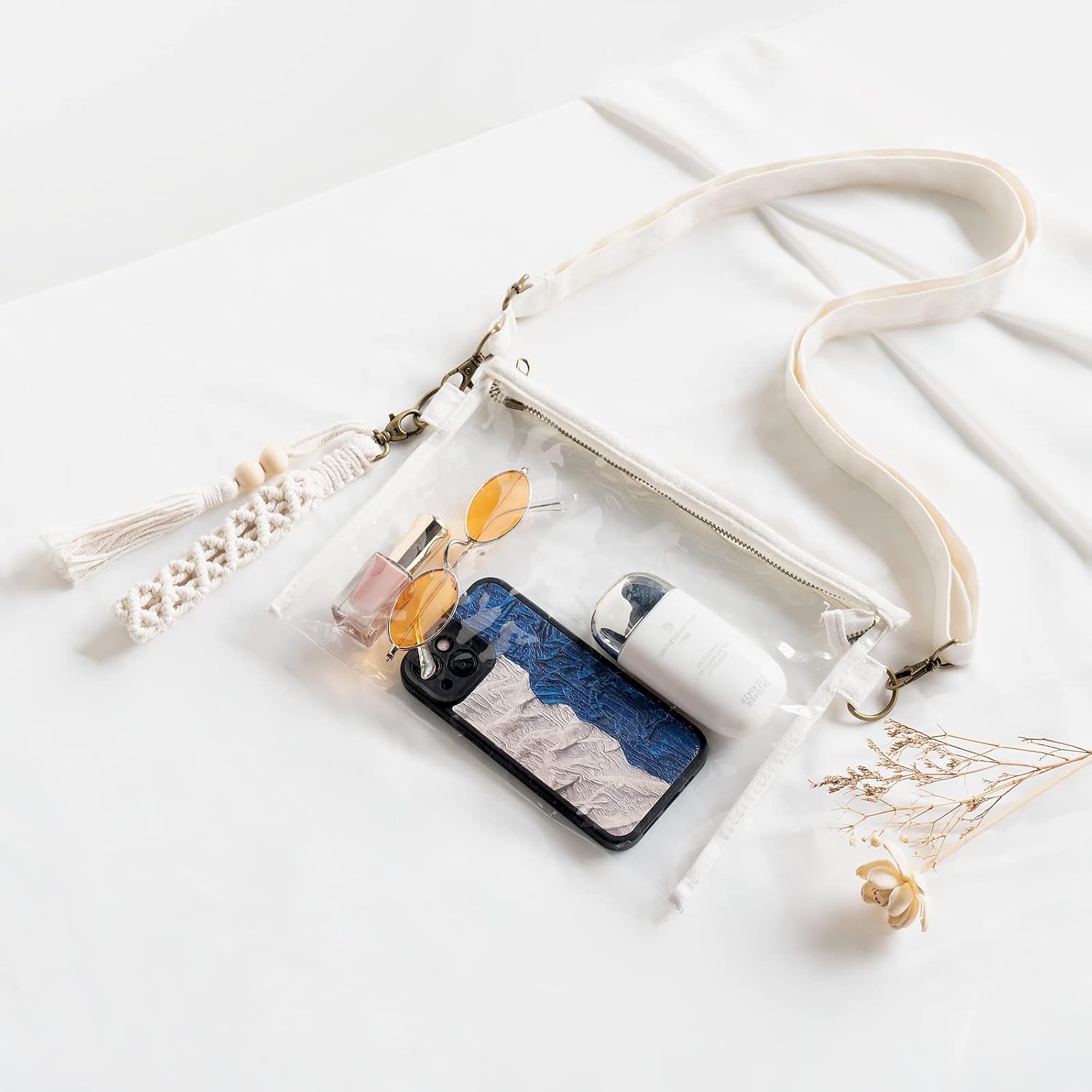 Mkono Macrame Key Chain and Clear Bag Stadium Approved, Macrame Wristlet Transparent Concert Crossbody Bag for Sport Events Festival Concert Park image 3
