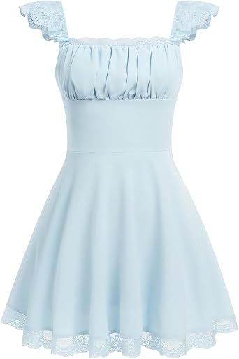 OBEEII Womens Square Neck Strap Lace Mini Dress Flowy A-Line Ruffle Swing Casual Summer Short Dress Party Graduation Dress