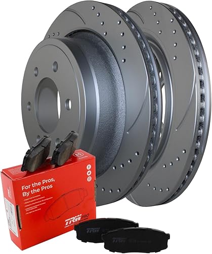 Bison Performance Rotores de disco con revestimiento ranurado perforado de 13.701 in, 6 lengüetas y TRW Pro metálico ranurado kit de freno trasero