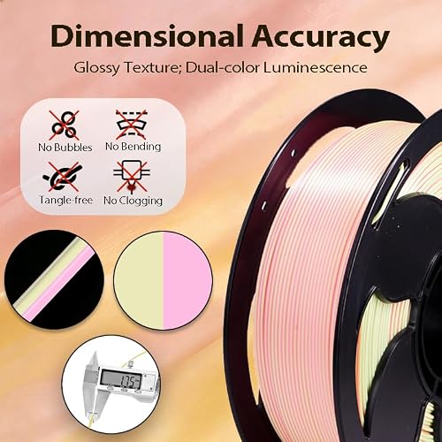 1.75mm PLA Filament Bi-Color Yellow Pink Glow in The Dark with Smooth Surface, Best with UV Lamps Luminous Dual Color 3D Printer Filament, 1kg (2.2lbs) Plastic Spool 3D Printing PLA Filament Rod — view 3