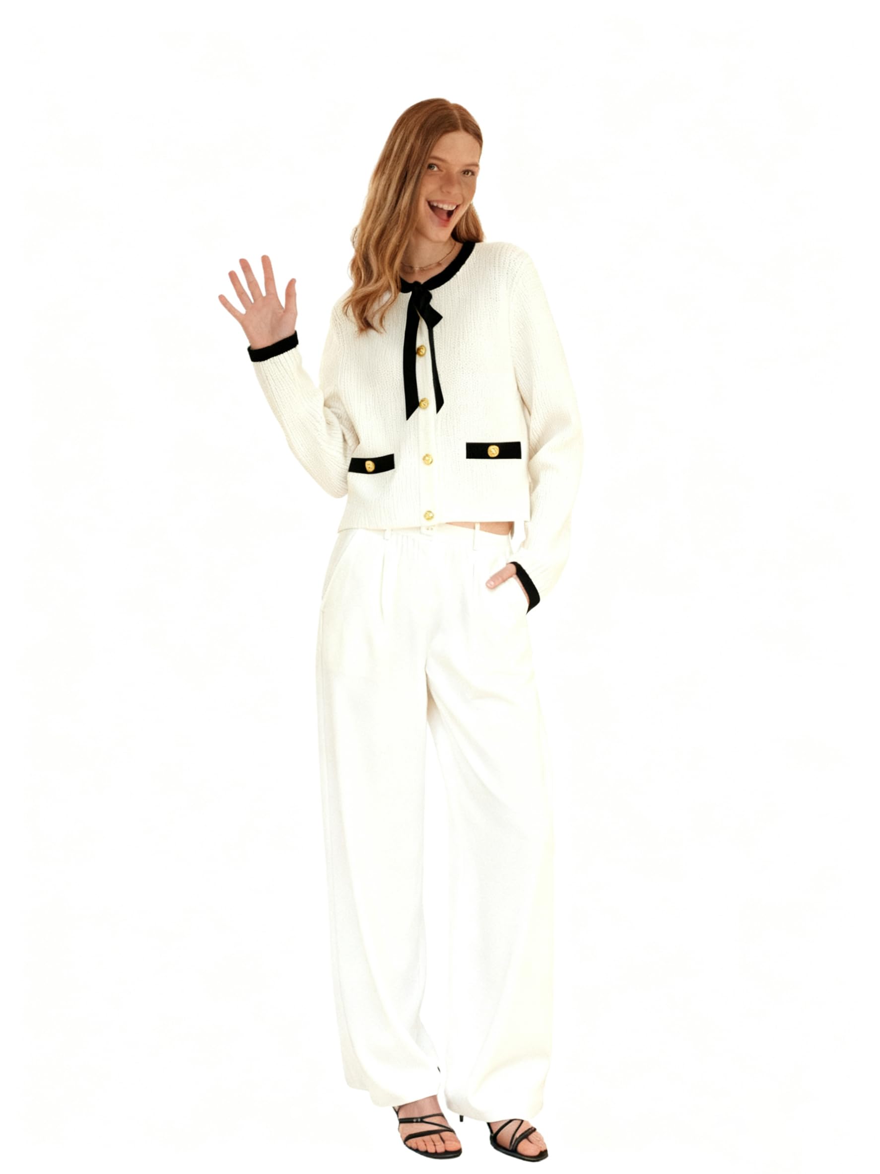 Womens French Chic Short Sleeve Knit Cardigan with Bow Tie and Pearl Buttons