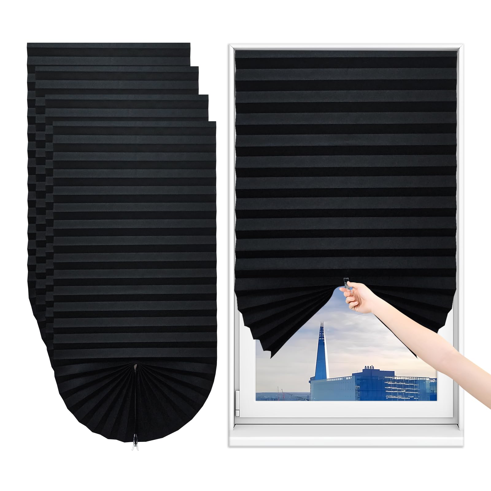 Sneulletoys 4pack No Drill Temporary Blinds Stick on,Easy Fit Self Adhesive Blinds,Non-Woven Fabric Crop According to Size,Curtains for Bedroom Kitchen Bathroom Windows (Black, 60W x 180H cm)