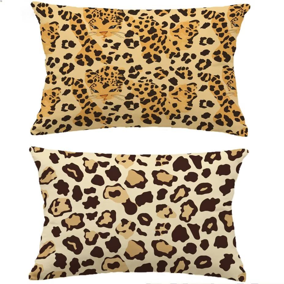 Housse de Coussin Extérieur 70x90 Imperméable Aspect Lin au Design Léopard Raffiné
