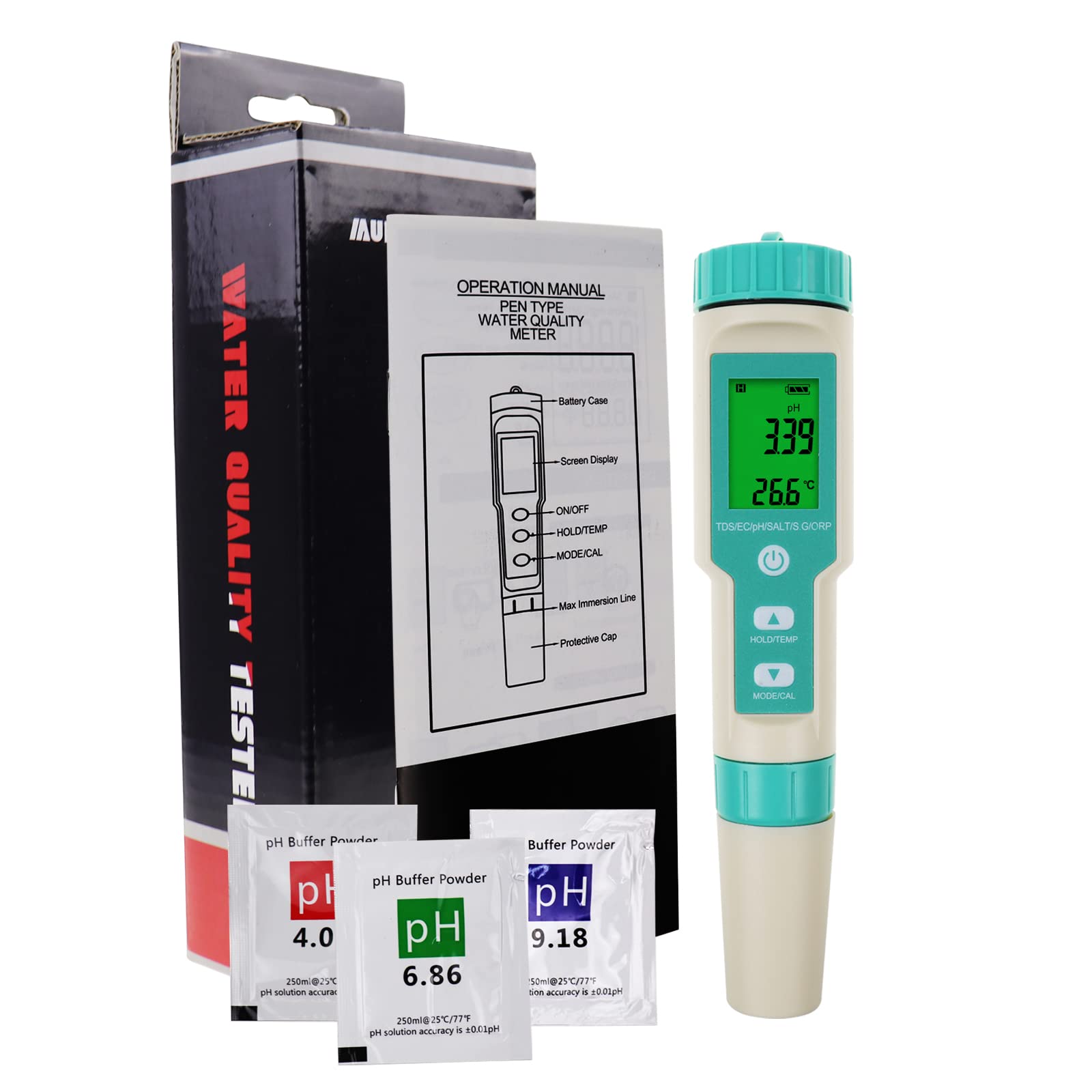 TEKCOPLUS Salinity Test d'eau de mer multifonction Type stylo Test de qualité de l'eau PH TDS EC ORP Salinité S.G. Testeur de température Hydromètre électronique étanche avec rétroéclairage