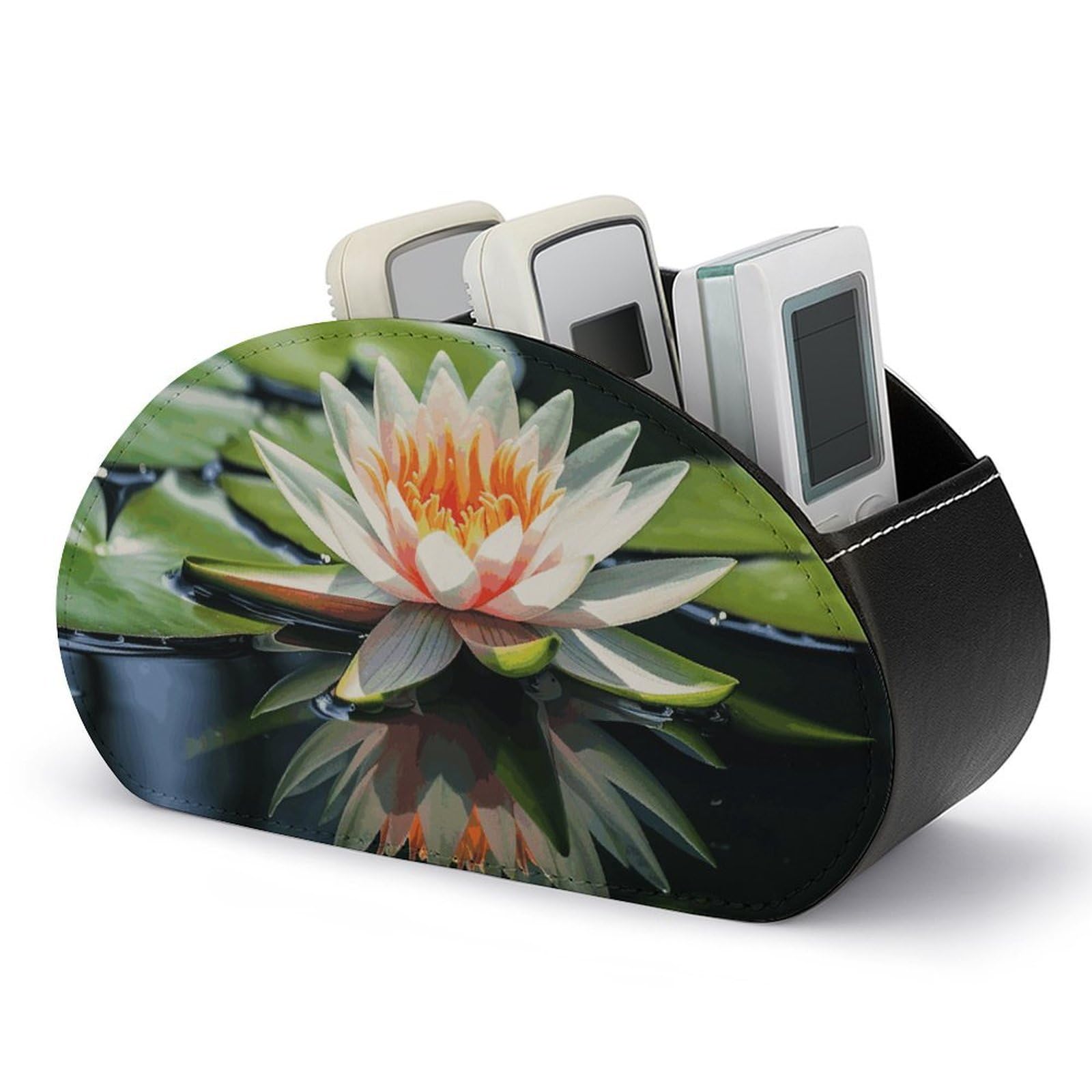 JTREHY Water Lily Remote Control Holder with 5 Compartments Pu Leather Remote Caddy Box Multi-functional Deskt Holders Organizer Box Tray Bedside Table Storage Organizer