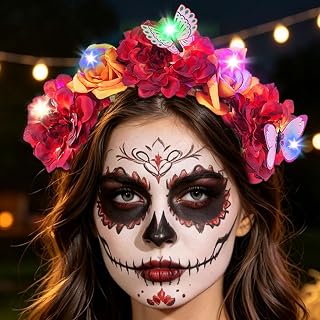 Abien Mexican Rose Flower Crown Headband Light Up Day of The Dead Floral Crown Halloween Costume Party Hair Accessories for Women(Red Orange, One Size)