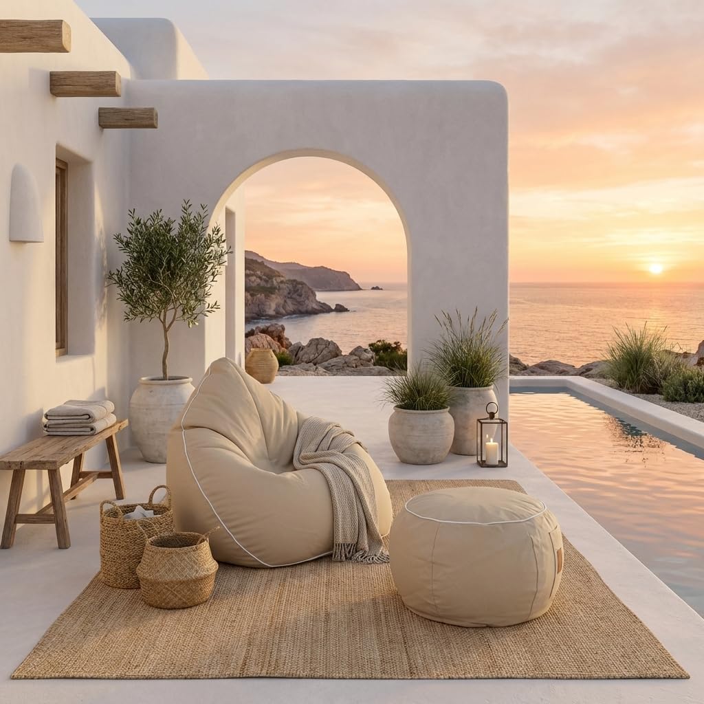 Aiire Puff Exterior Jardín en Olefina - Reposapies Puf con Relleno Incluido XXL de Diseño para Jardín,Terraza o Piscina - Reposa Pies Bean Bag Moderno - Taburete Sofa Beige [45x30]