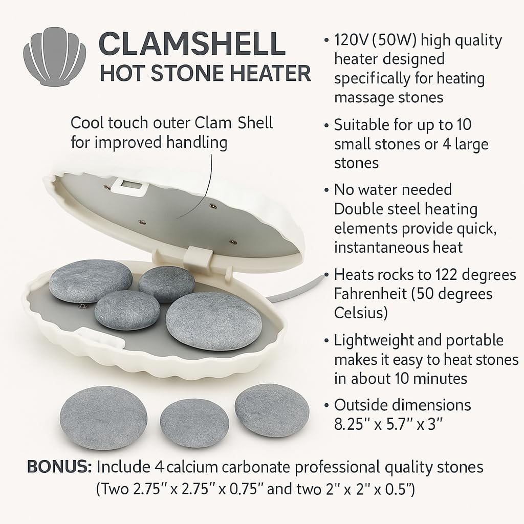 Royal Massage Clam Shell Hot Stone Heater – Electric Massage Stone Warmer for Natural Basalt Stones – Spa & Home Use – Compact, Fast Heating – Includes 4 Smooth Massage Stones