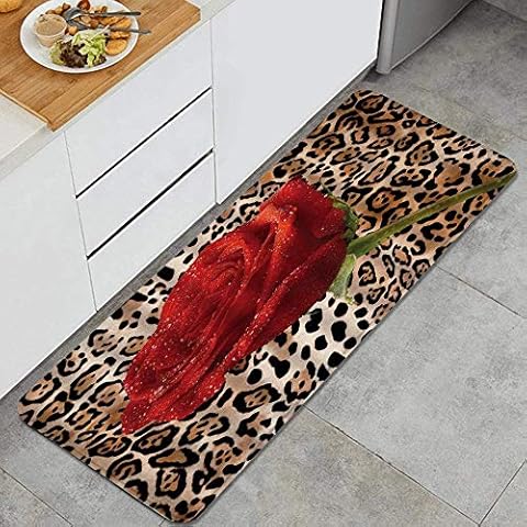 COVASA Kitchen Mat Leopard Red Rose Mix Wild Animal Leopard Print Pattern Background Romantic Comfort Soft Standing Area Carpet Non Slip Kitchen Rug Cover