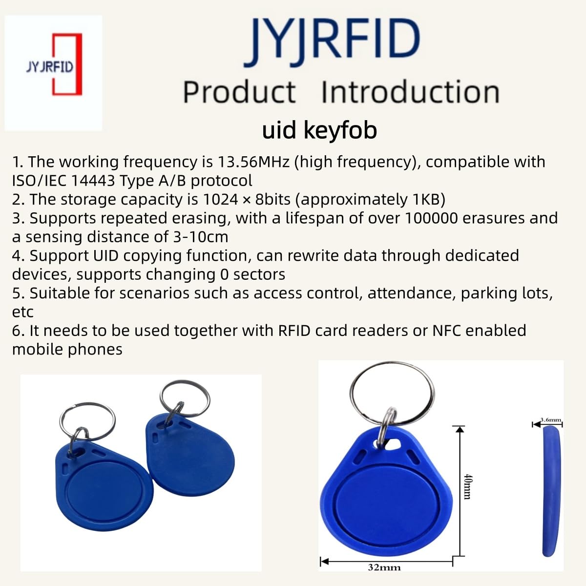 10pcs UID Keyfob readable and writable cloning IC Smart Keychain, Compatible with Classic 1K, Used for RFID Blank Tags in Access Control Systems (Blue)