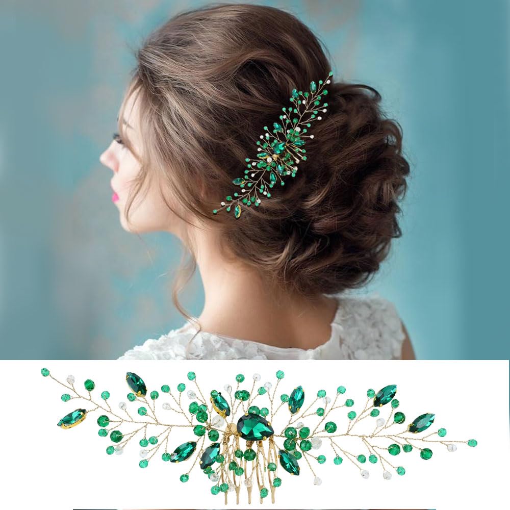 inSowni 7 Pieces Vintage Party Prom Wedding Bridal Emerald Green Beads Crystal Hair Side Combs+Rhinestone U-shaped Hair Pins Headpieces for Brides Bridesmaids Women Girls - Image 4