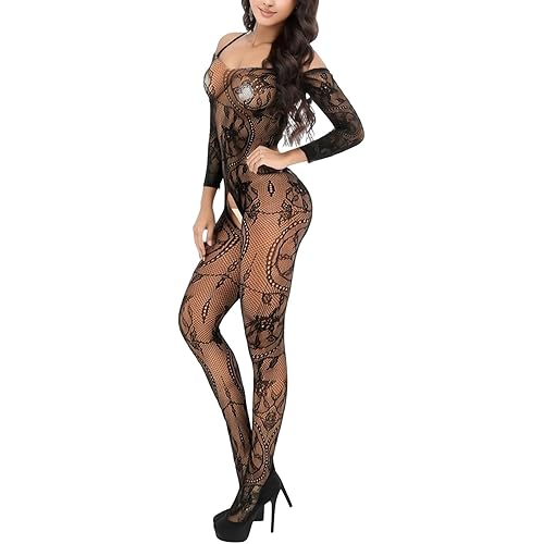 Women's Lingerie Fishnet Bodystocking Tight High Sexy Mesh Full Body Stockings Babydoll Teddy Long Sleeve Bodysuits One Size
