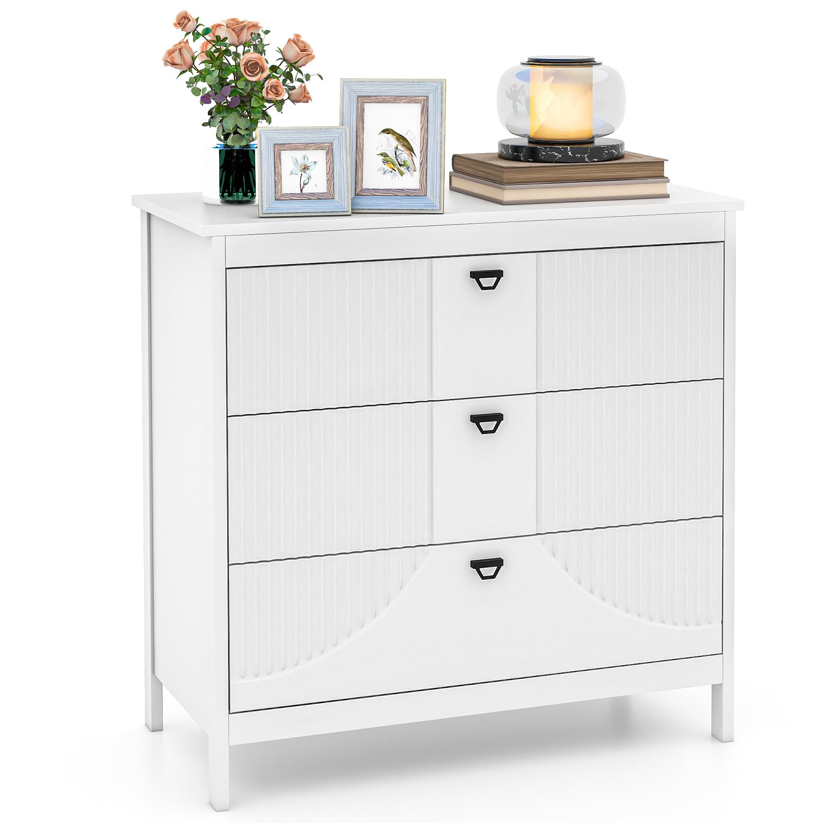 COSTWAY Commode met 5 laden, dressoir in landelijke stijl met inklapbare stoffen laden, opbergkast van hout, ladekast voor woonkamer, slaapkamer ( grijs