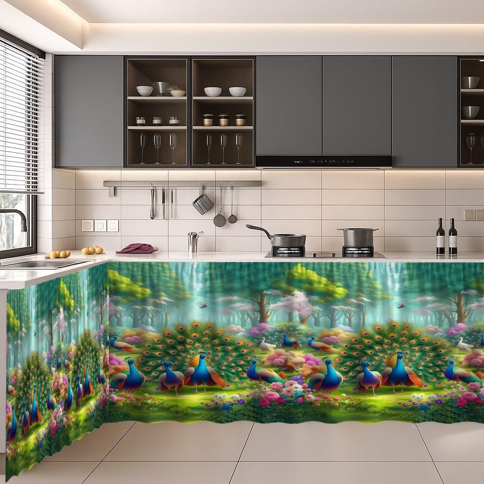 Image of Premium Sink Kitchen Curtain | Waterproof Printed Under Sink Cabinet Curtain for Kitchen Storage & Protection | Stylish Home Decor | (150 x 71 cm) (Forest, Pack of 2)