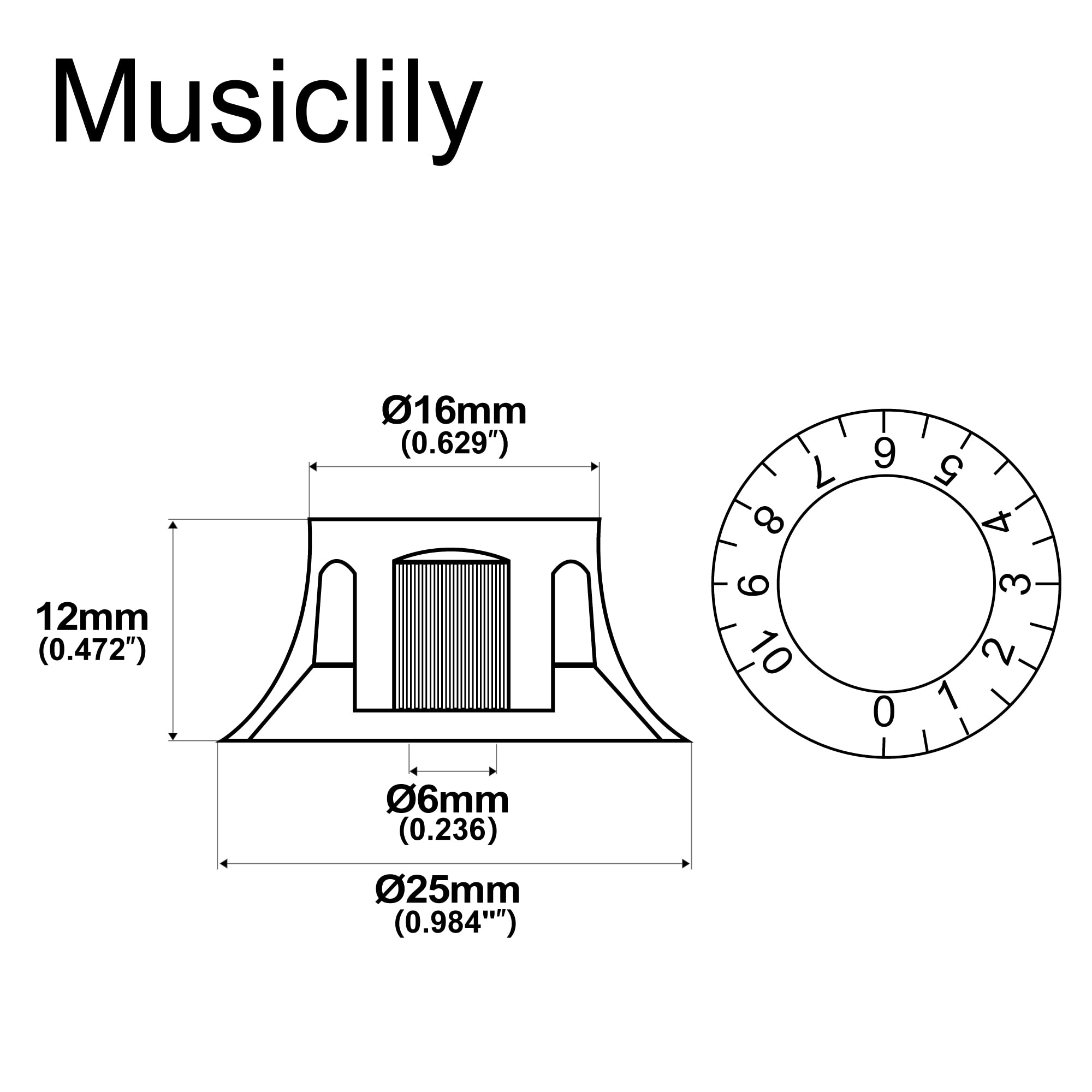 Musiclily Metryczna 6mm Gałka Potencjometru LP Top Hat Bell Knobs do Gitary Elektrycznej Typ Epiphone Les Paul, Burszt.ynowy z Czarną Cyfrą (4 szt.)