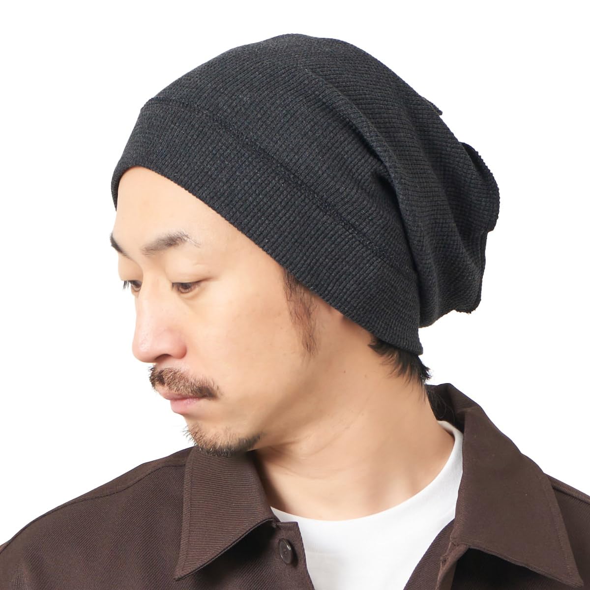 Charm Men's Dark Grey Oversized Beanie Hipster Hat, Wo 100% Cotton Reversed Waffle Chemo Hat, Long Slouchy Cap For All Seasons