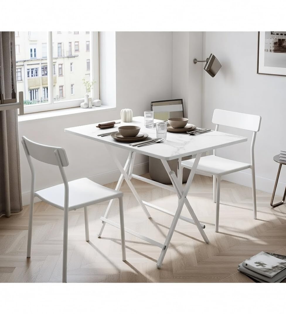 Faburaa Compact Foldable 2 Seater Dining Table | Strong CRC Steel Frame | Easy Fold & Store Design | 30x18 Inch | White 2