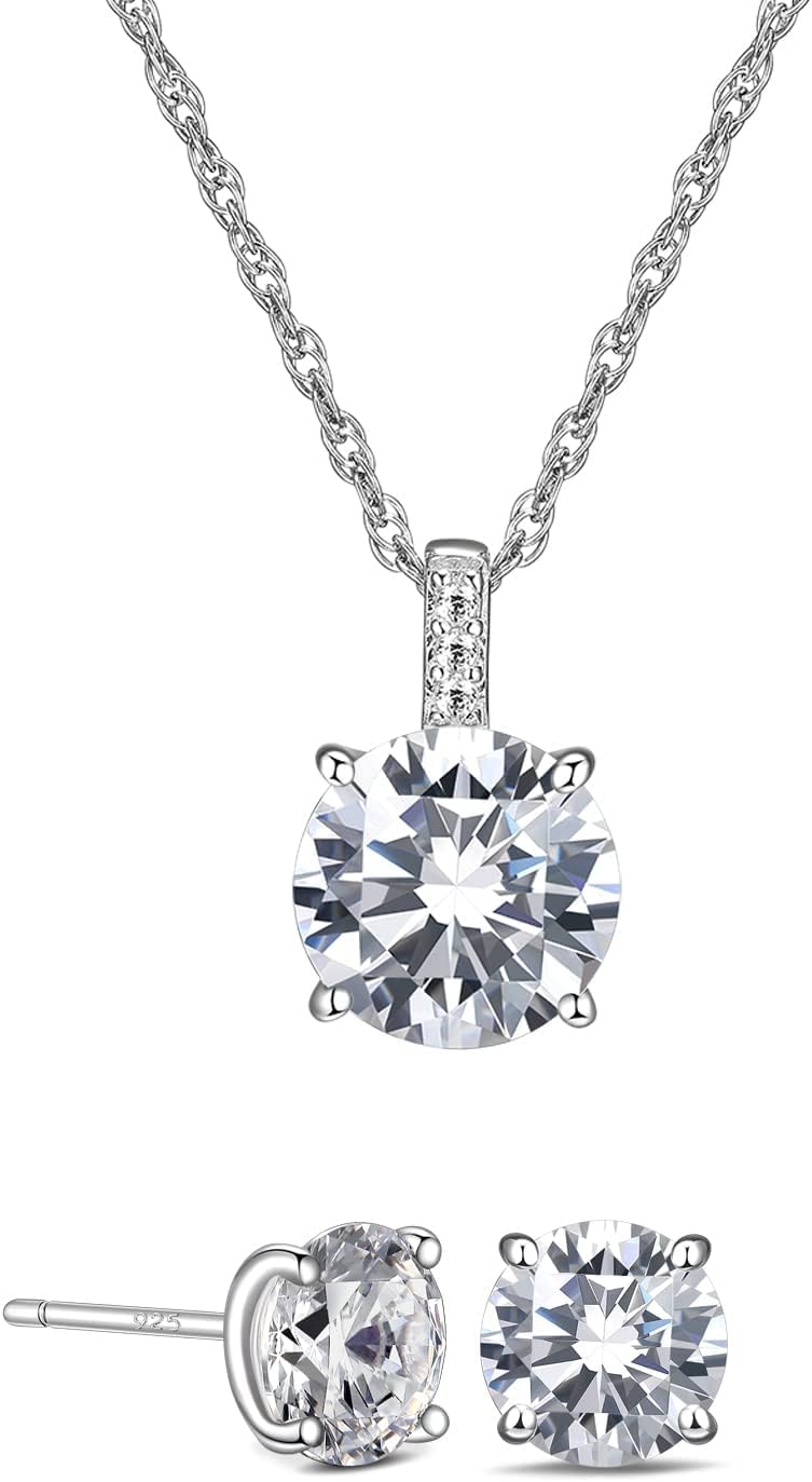 925 Sterling Silver Cubic Zirconia Necklace and Earrings Set for Women, Heart, Cushion, Round, Emerald Cut CZ, Solitaire Bezel Jewelry Set, CZ Bridal Jewelry Set, Bridesmaid Gift