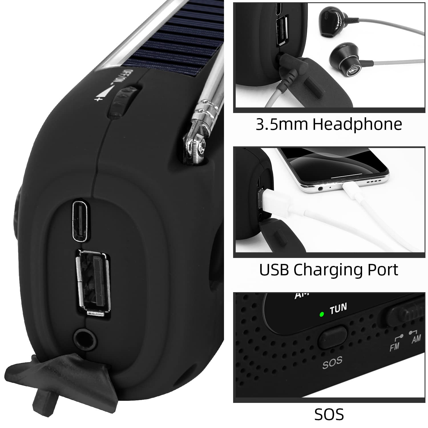 Journy Solar Radio, radio korbowe, radio awaryjne korby, radio dynamo z AM/FM, wbudowana bateria 2000 mAh, 4 tryby latarki LED, alarm SOS dla sytuacji awaryjnych na zewnątrz