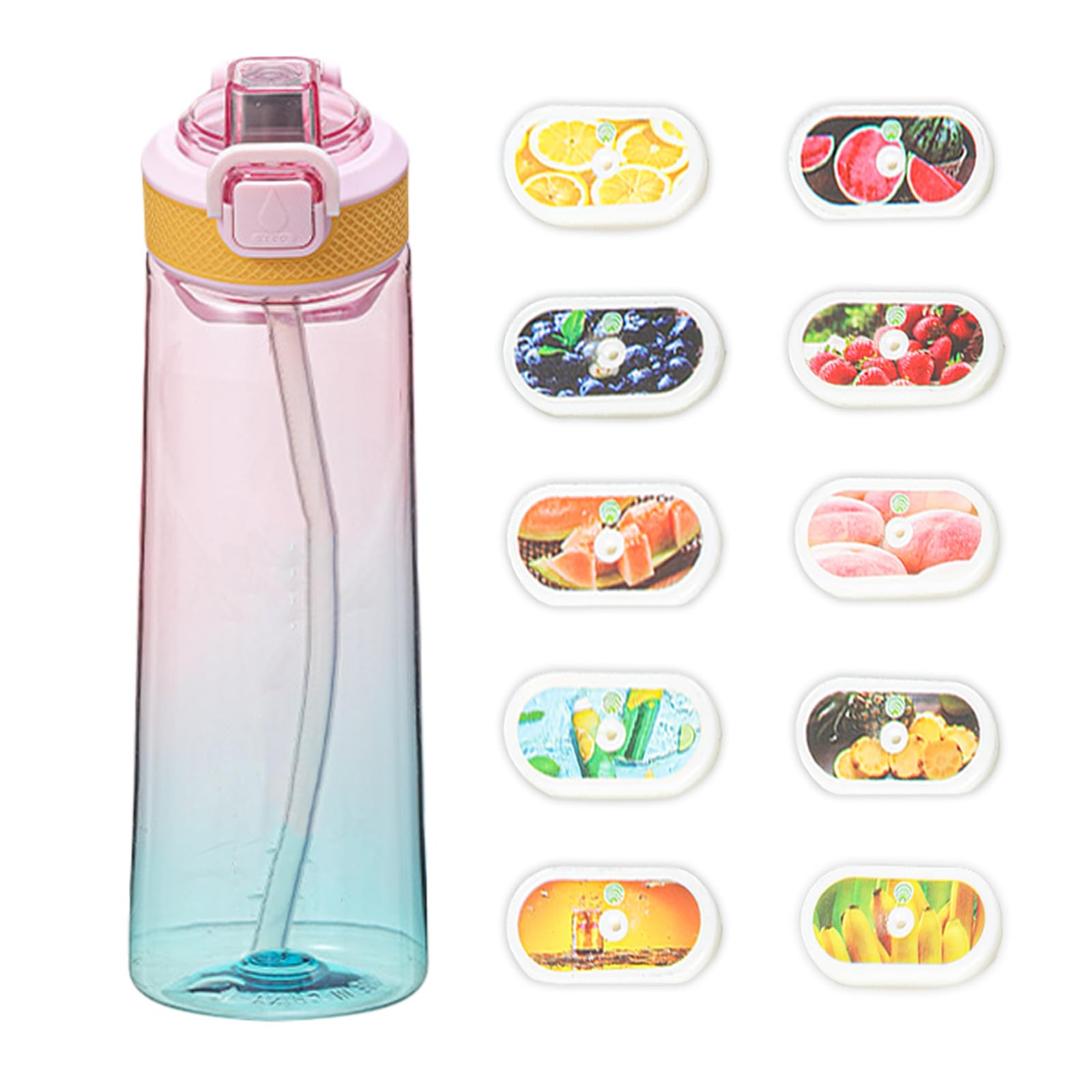 Fychuo Water Bottle, 700ml BPA Free Drinking Bottles with 10 Random Flavour Pods Scented 0 Sugar Calorie, Water Cup with Straw for Gym School Outdoor (Pink Blue)